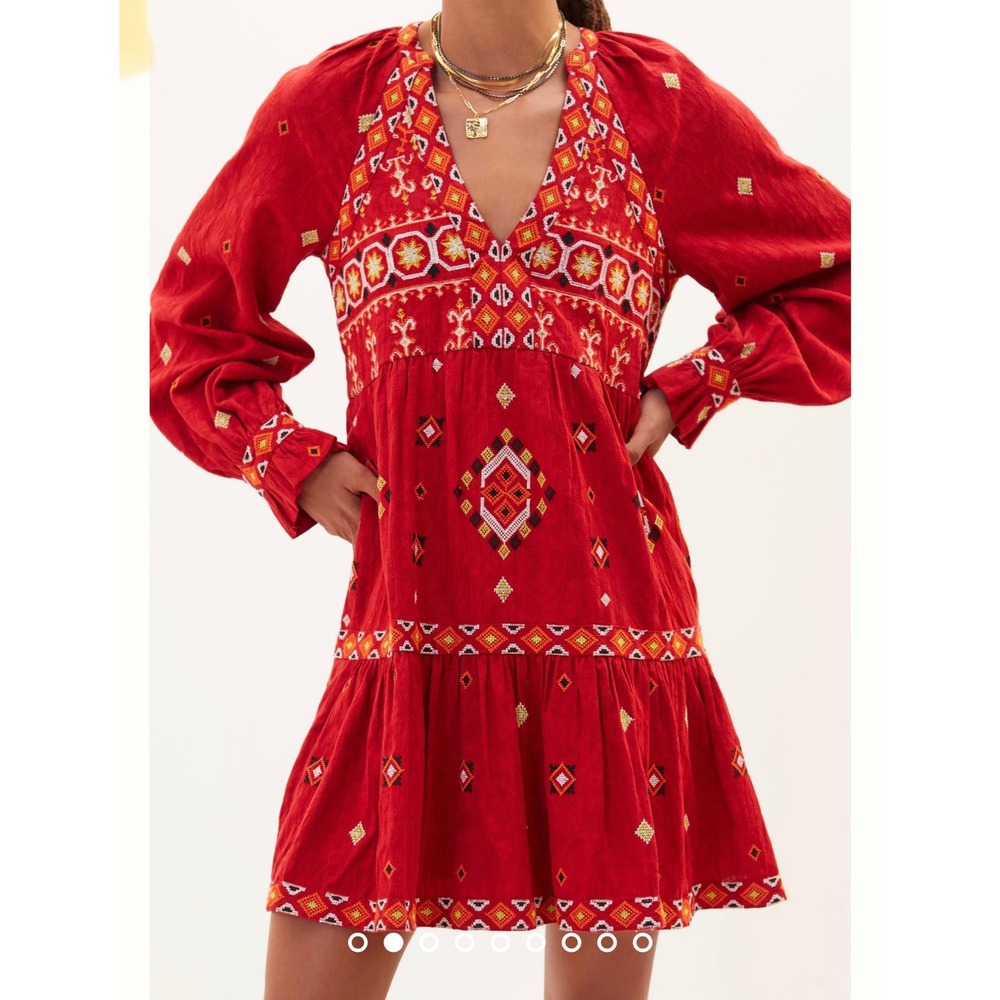 Anthropologie Embroidered Western Flowy Tunic Dress Red Size Small